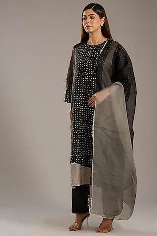 Black Mulberry Silk Screen Printed Kurta Set by Divyam Mehta
