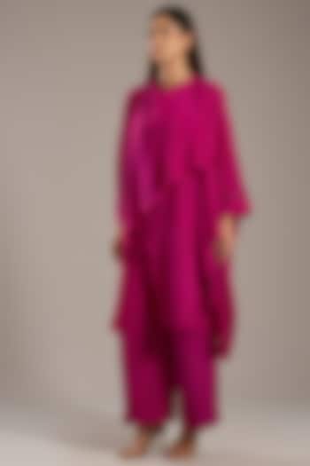 Fuchsia Pink Silk Crepe Screen Printed Tunic Set by Divyam Mehta at Pernia's Pop Up Shop