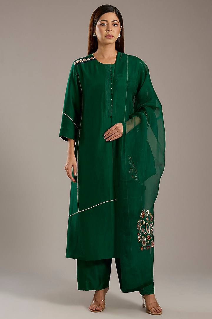 Forest Green Dupion Kurta Set by Divyam Mehta at Pernia's Pop Up Shop
