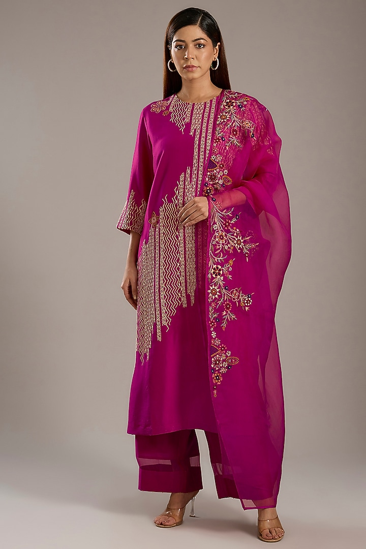 Fuchsia Pink Dupion Kurta Set by Divyam Mehta at Pernia's Pop Up Shop