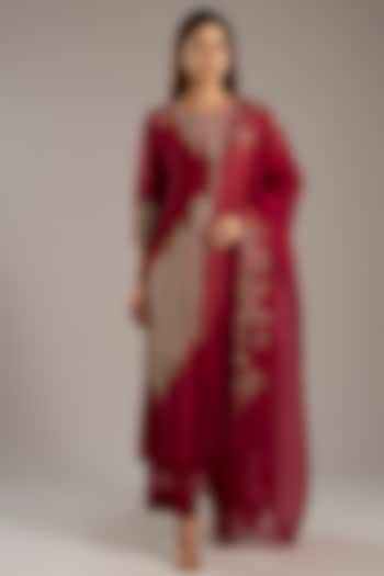 Crimson Red Dupion Kurta Set by Divyam Mehta at Pernia's Pop Up Shop