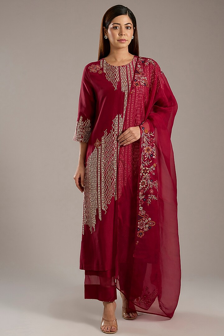 Crimson Red Dupion Kurta Set by Divyam Mehta at Pernia's Pop Up Shop