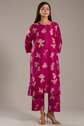 Fuchsia Pink Mulberry Silk Floral Printed Kurta Set by Divyam Mehta