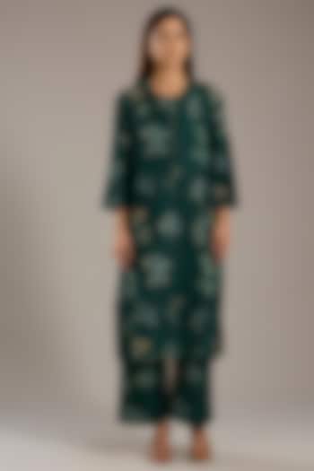 Forest Green Mulberry Silk Floral Printed Kurta Set by Divyam Mehta at Pernia's Pop Up Shop