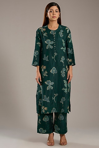 Forest Green Mulberry Silk Floral Printed Kurta Set by Divyam Mehta
