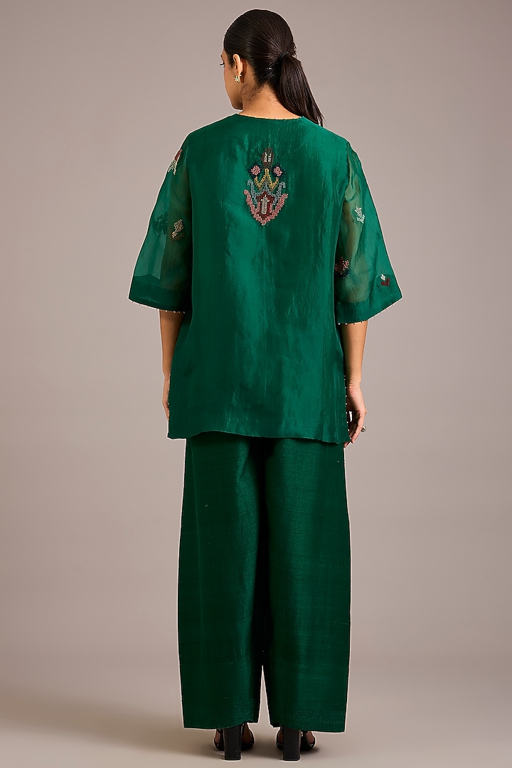Forest Green Silk Organza Embroidered Kurta Set by Divyam Mehta at Pernia's Pop Up Shop