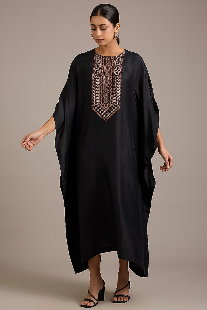 Coal Black Dupion Silk Hand Embroidered Kaftan by Divyam Mehta at Pernia's Pop Up Shop