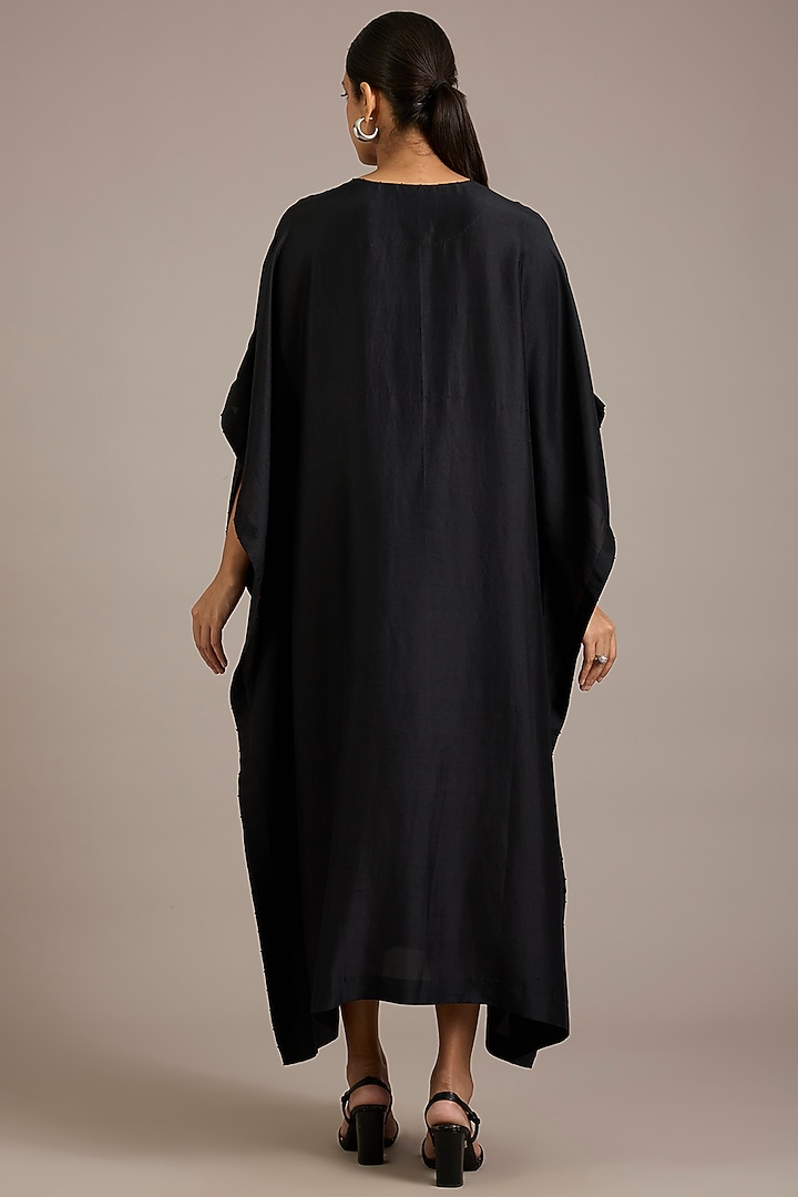 Coal Black Dupion Silk Hand Embroidered Kaftan by Divyam Mehta at Pernia's Pop Up Shop