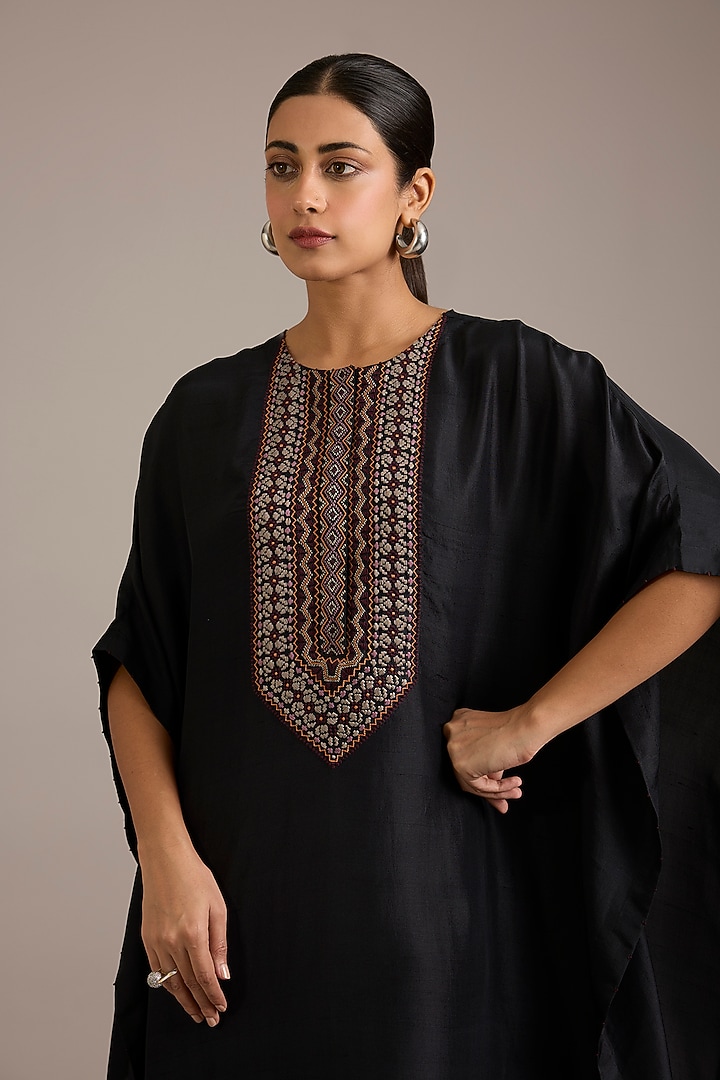 Coal Black Dupion Silk Hand Embroidered Kaftan by Divyam Mehta at Pernia's Pop Up Shop