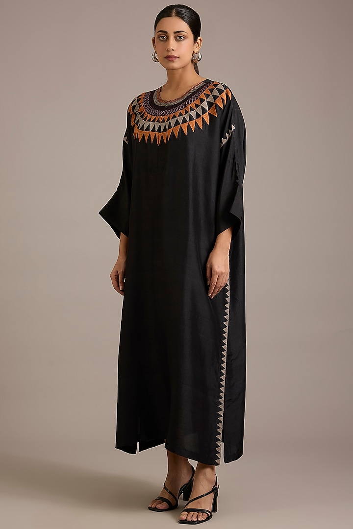 Coal Black Dupion Silk Hand Embroidered Kaftan by Divyam Mehta at Pernia's Pop Up Shop