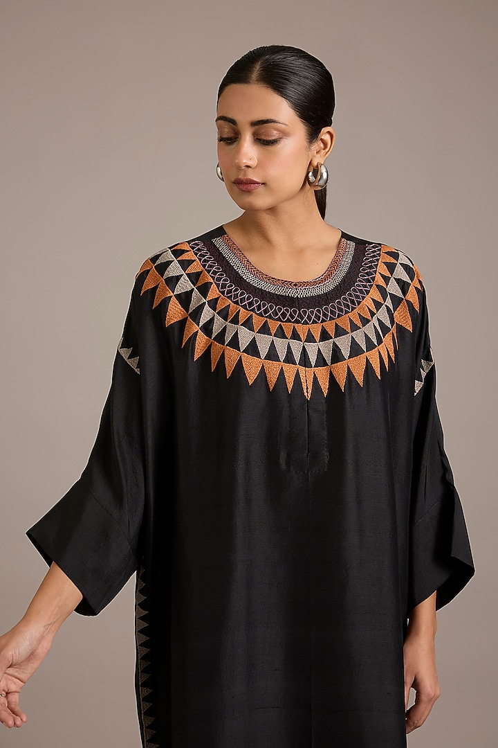 Coal Black Dupion Silk Hand Embroidered Kaftan by Divyam Mehta at Pernia's Pop Up Shop