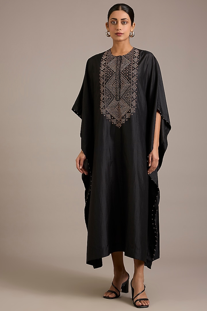 Black Mulberry Silk Hand Embroidered Kaftan by Divyam Mehta at Pernia's Pop Up Shop