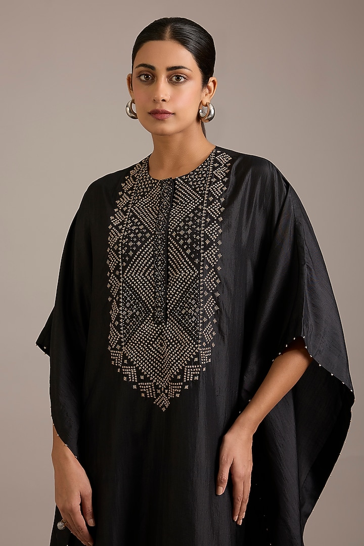 Black Mulberry Silk Hand Embroidered Kaftan by Divyam Mehta at Pernia's Pop Up Shop