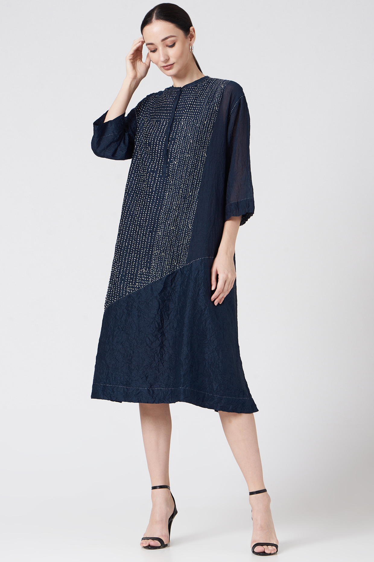 Midnight Blue Long Tunic With Kantha Stitches by Divyam Mehta at Pernia's Pop Up Shop