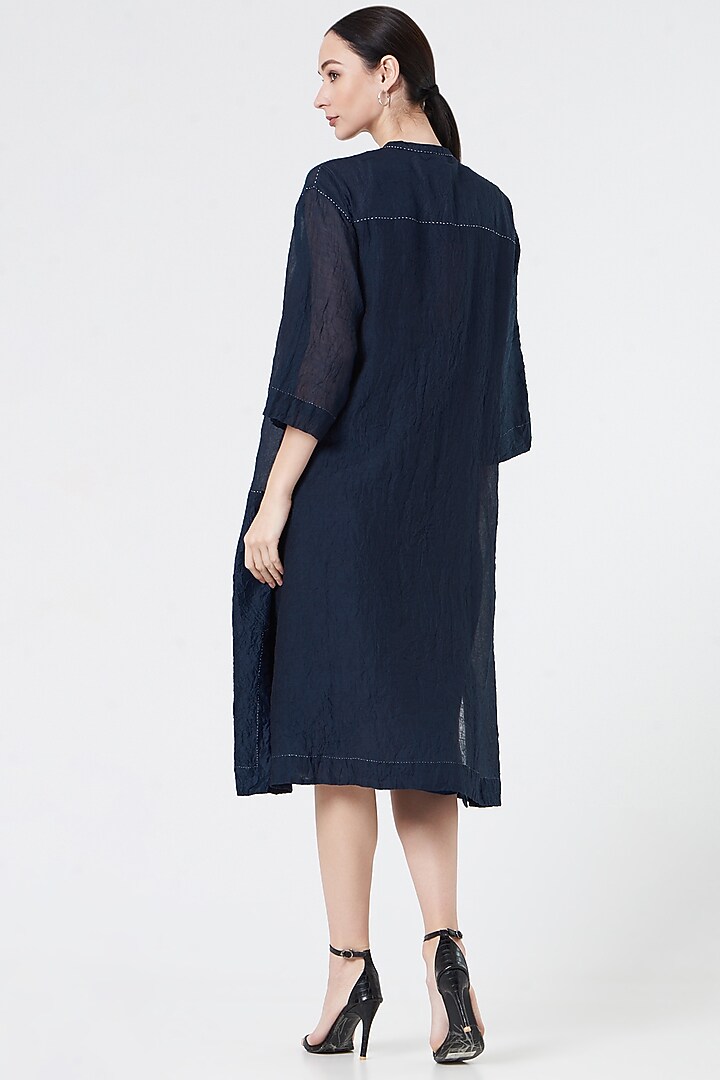 Midnight Blue Long Tunic With Kantha Stitches by Divyam Mehta at Pernia's Pop Up Shop