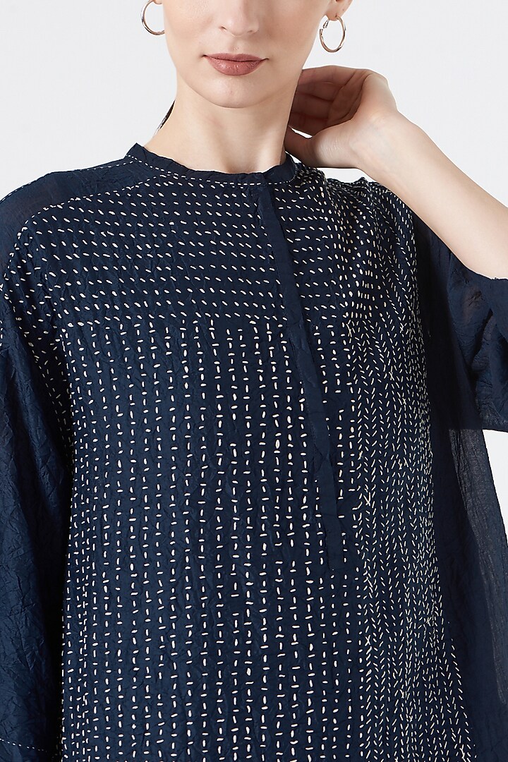 Midnight Blue Long Tunic With Kantha Stitches by Divyam Mehta at Pernia's Pop Up Shop