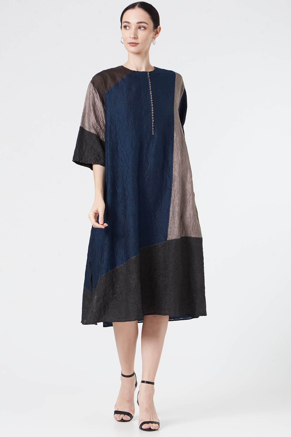 Midnight Blue Color Blocked Long Tunic by Divyam Mehta at Pernia's Pop Up Shop