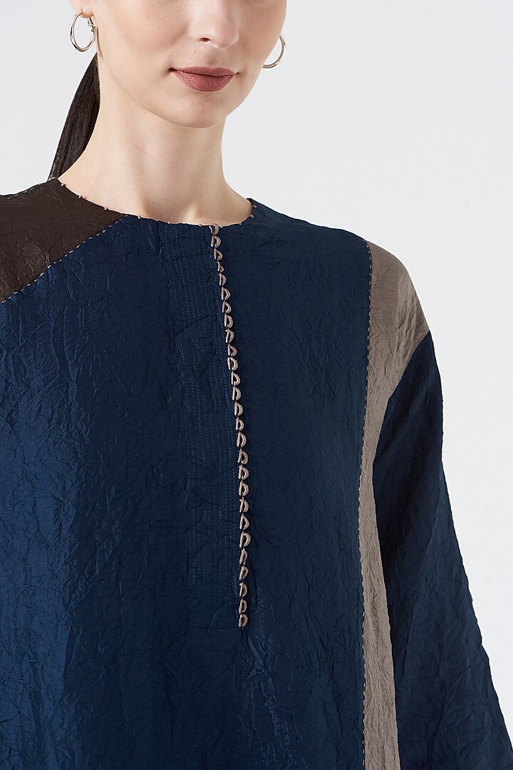 Midnight Blue Color Blocked Long Tunic by Divyam Mehta at Pernia's Pop Up Shop