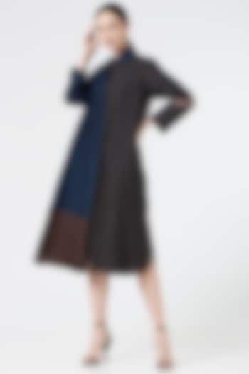 Midnight Blue Color Blocked Button-Down Long Tunic by Divyam Mehta