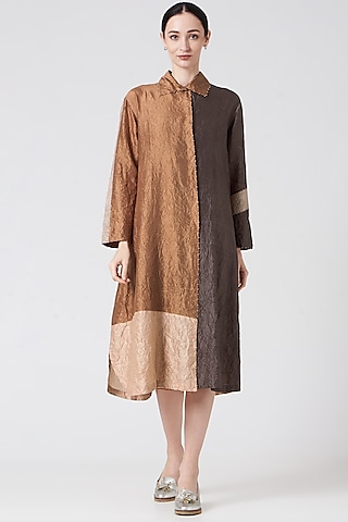 Slate Beige Color Blocked Button-Down Long Tunic by Divyam Mehta