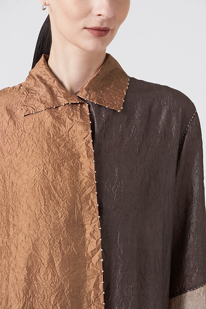Slate Beige Color Blocked Button-Down Long Tunic by Divyam Mehta at Pernia's Pop Up Shop