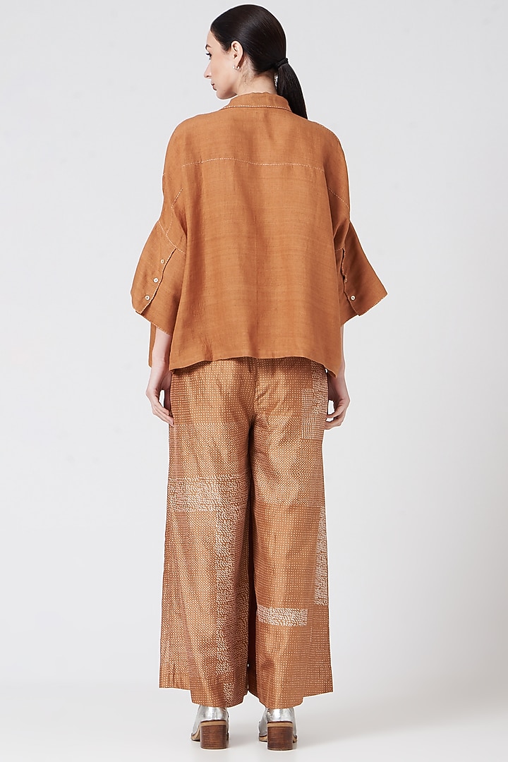 Slate Beige Matka Silk Oversized Shirt by Divyam Mehta at Pernia's Pop Up Shop