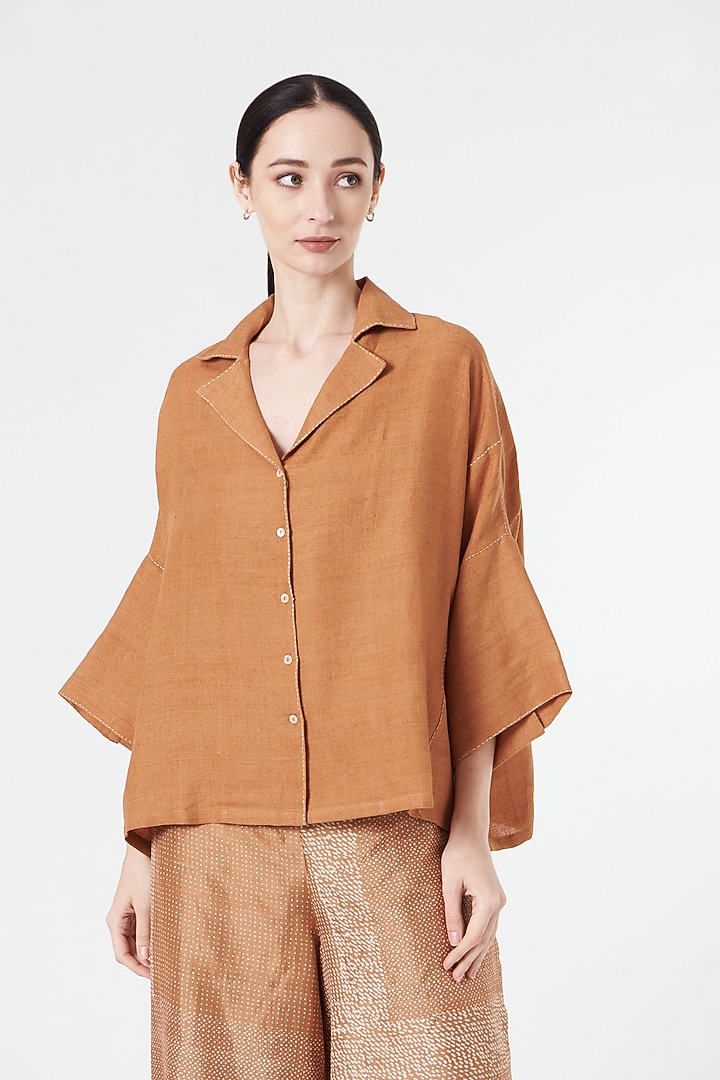 Slate Beige Matka Silk Oversized Shirt by Divyam Mehta at Pernia's Pop Up Shop