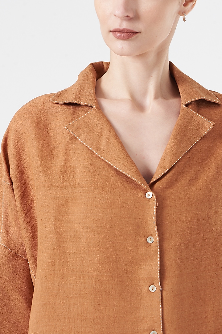 Slate Beige Matka Silk Oversized Shirt by Divyam Mehta at Pernia's Pop Up Shop