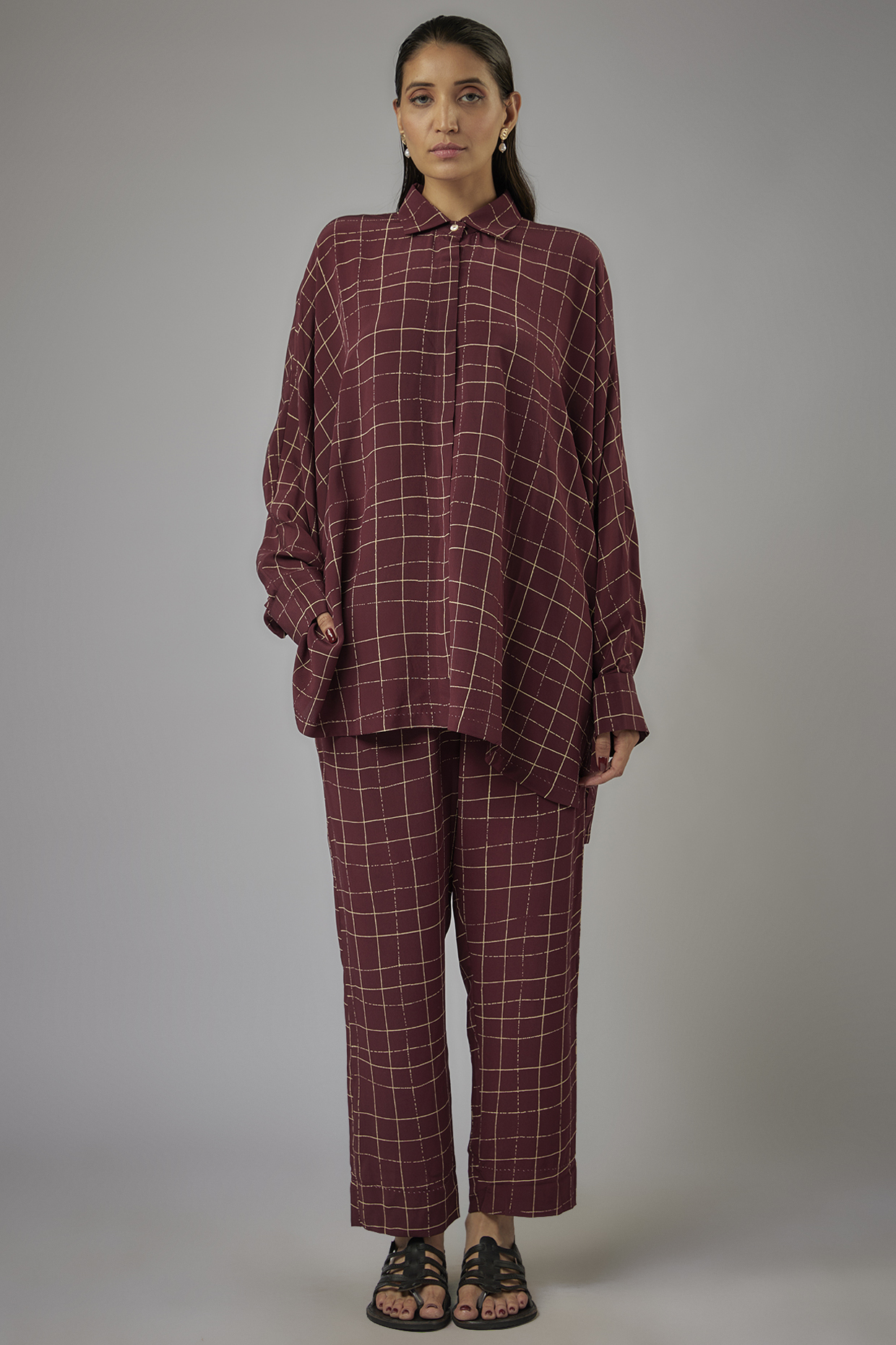 Claret Silk Crepe Co-Ord Set by Divyam Mehta at Pernia's Pop Up Shop