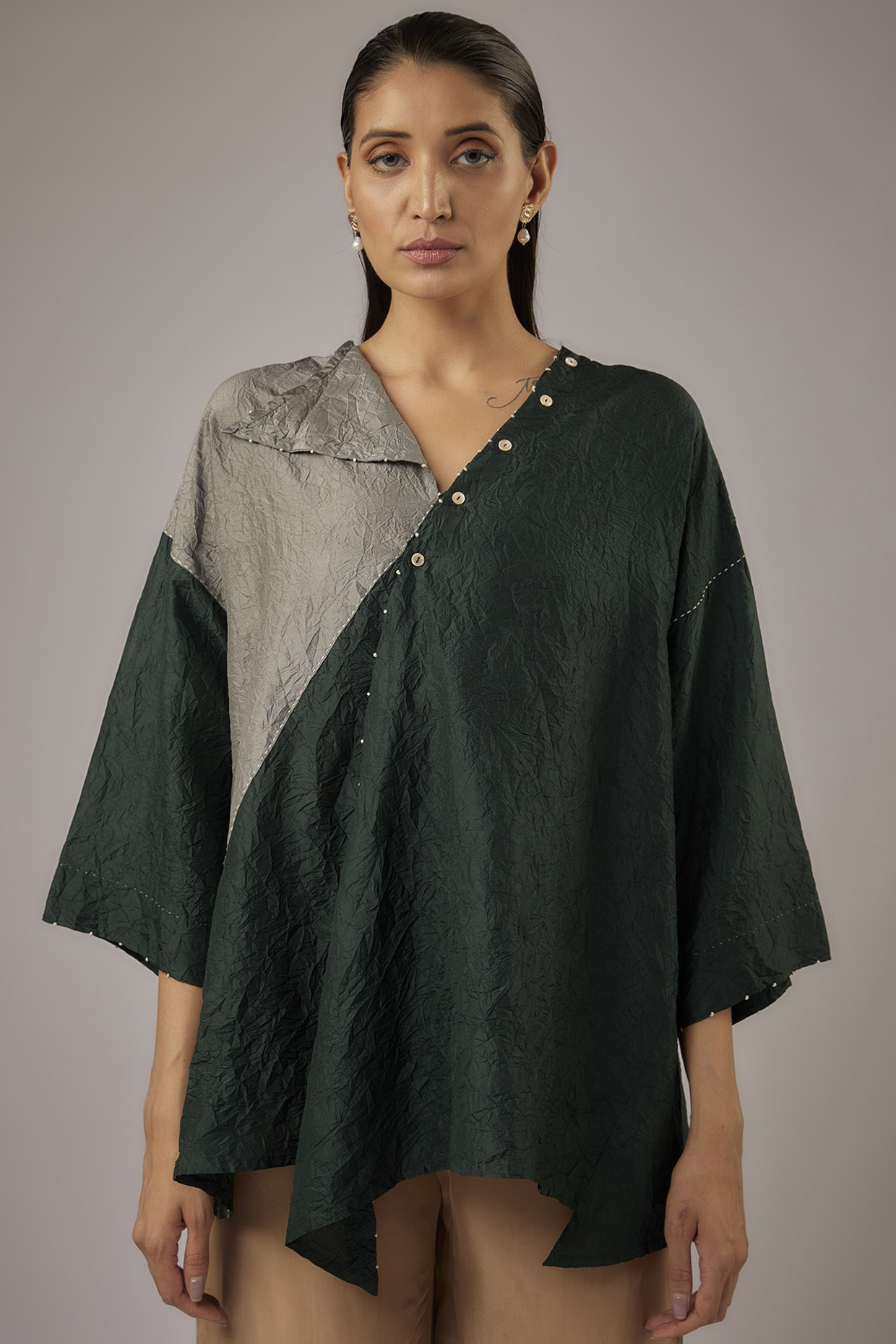 Bottle Green Mulberry Silk Color Blocked Top by Divyam Mehta at Pernia's Pop Up Shop
