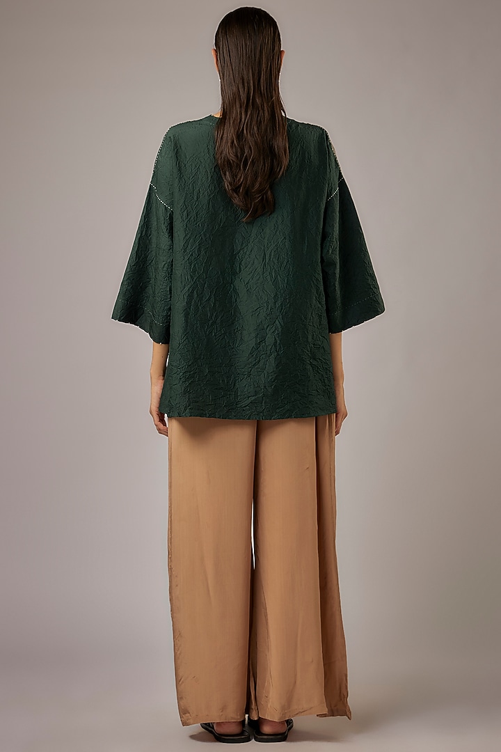Bottle Green Mulberry Silk Color Blocked Top by Divyam Mehta at Pernia's Pop Up Shop