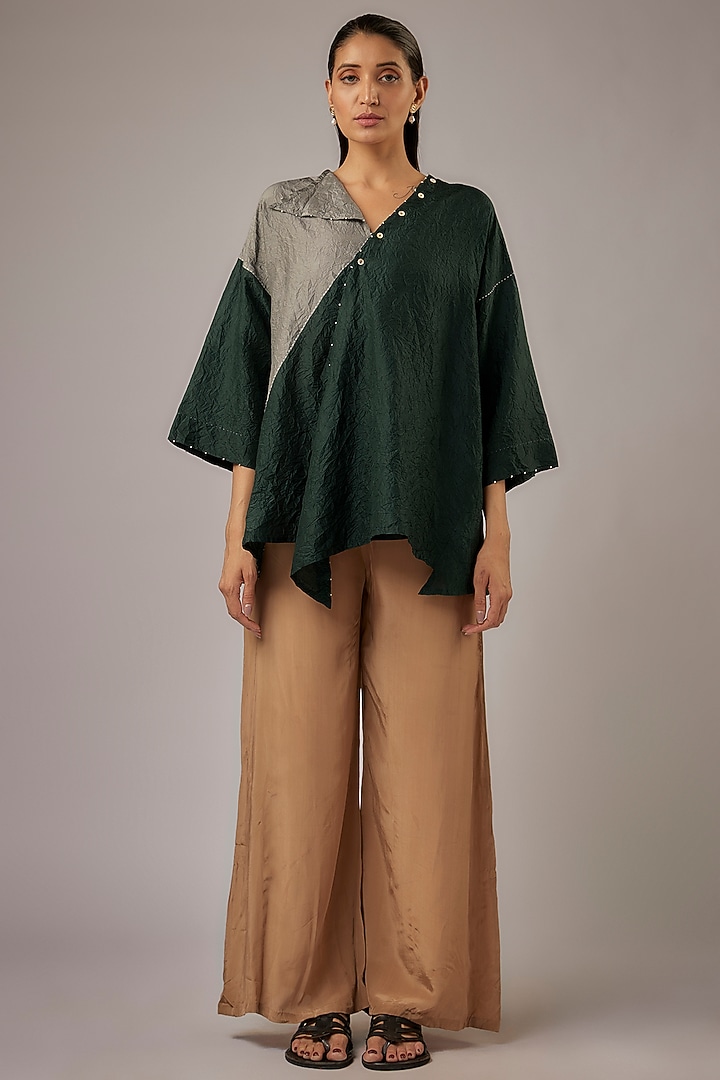 Bottle Green Mulberry Silk Color Blocked Top by Divyam Mehta at Pernia's Pop Up Shop