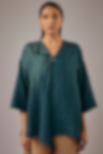 Petrol Blue Mulberry Silk Color Blocked Top by Divyam Mehta at Pernia's Pop Up Shop