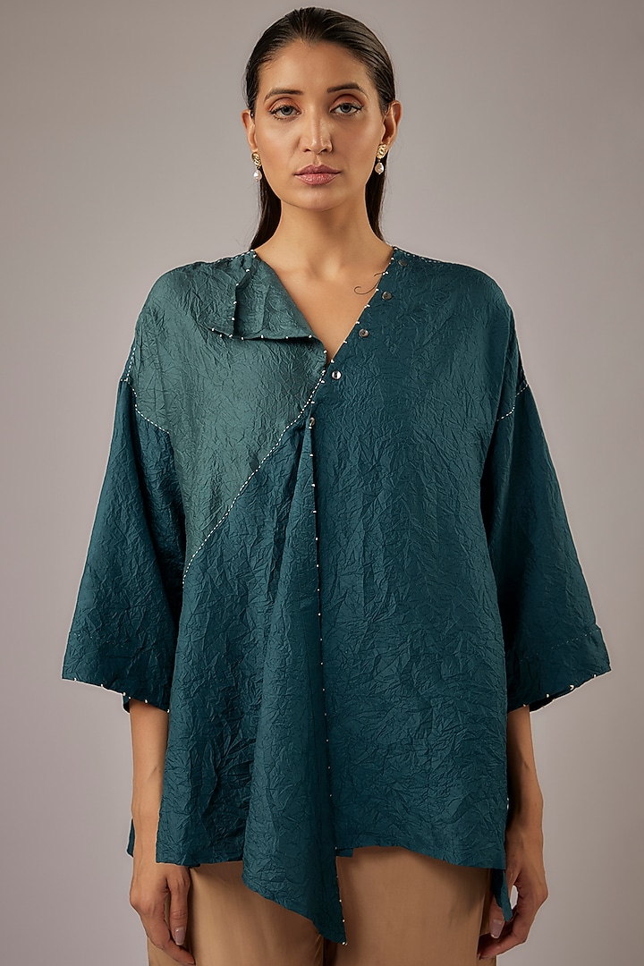 Petrol Blue Mulberry Silk Color Blocked Top by Divyam Mehta at Pernia's Pop Up Shop