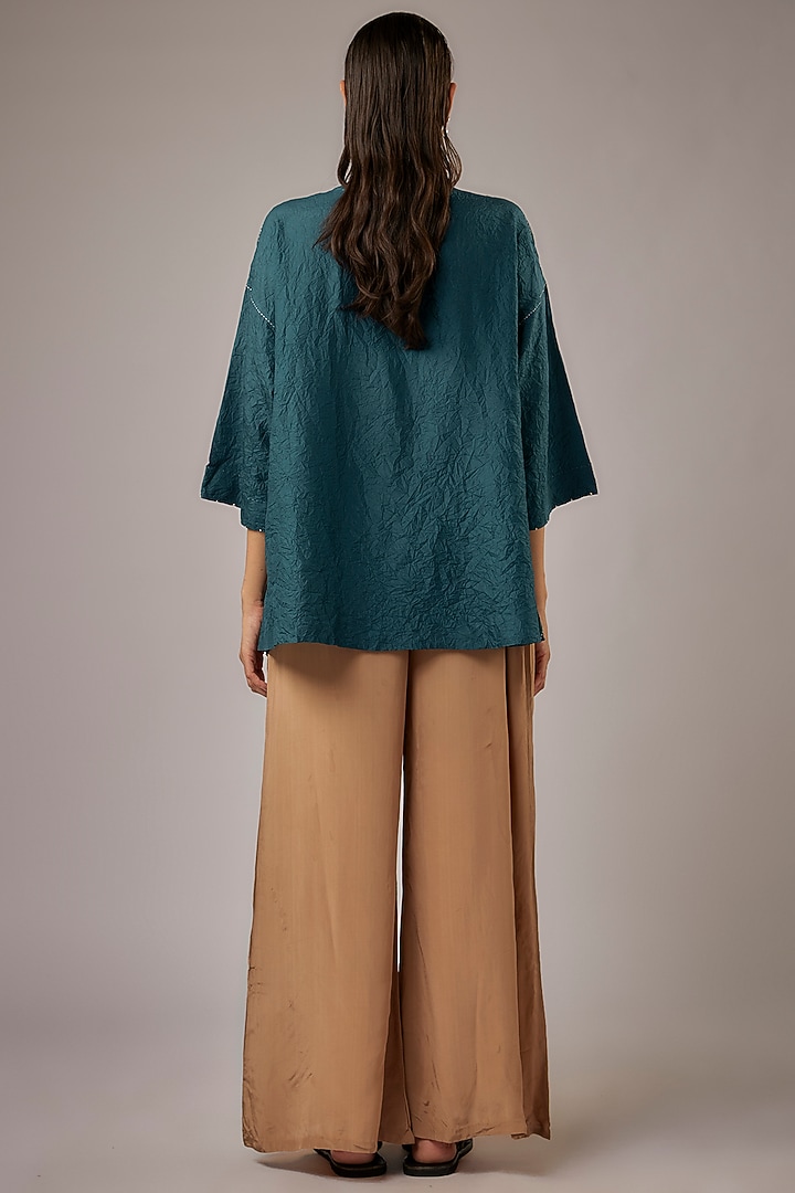 Petrol Blue Mulberry Silk Color Blocked Top by Divyam Mehta at Pernia's Pop Up Shop