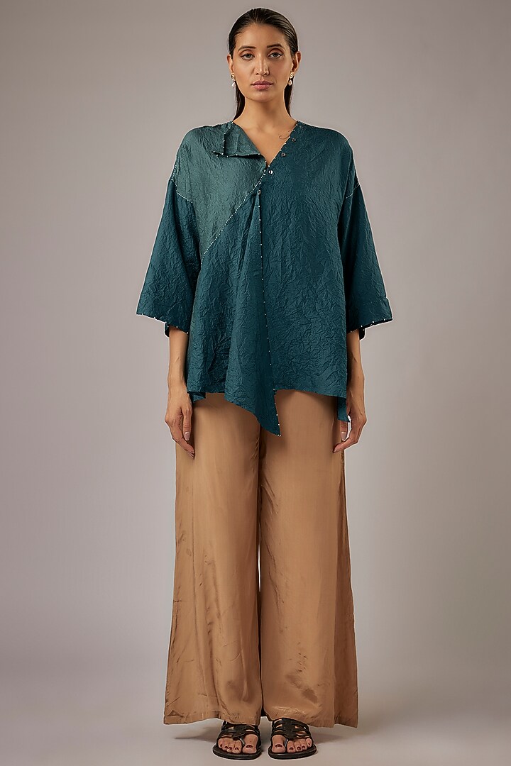 Petrol Blue Mulberry Silk Color Blocked Top by Divyam Mehta at Pernia's Pop Up Shop