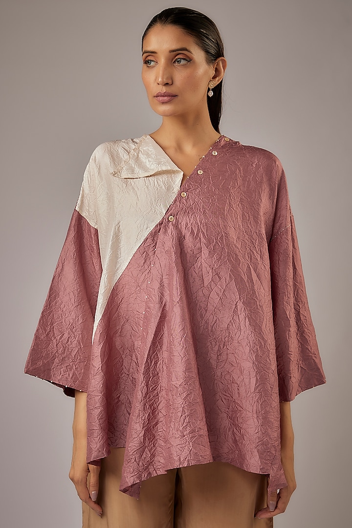 Pink & Sand Mulberry Silk Color Blocked Top by Divyam Mehta