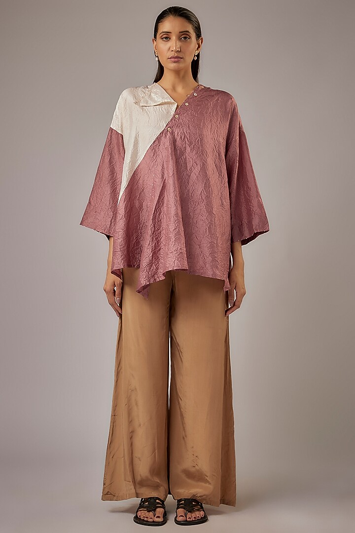 Pink & Sand Mulberry Silk Color Blocked Top by Divyam Mehta at Pernia's Pop Up Shop