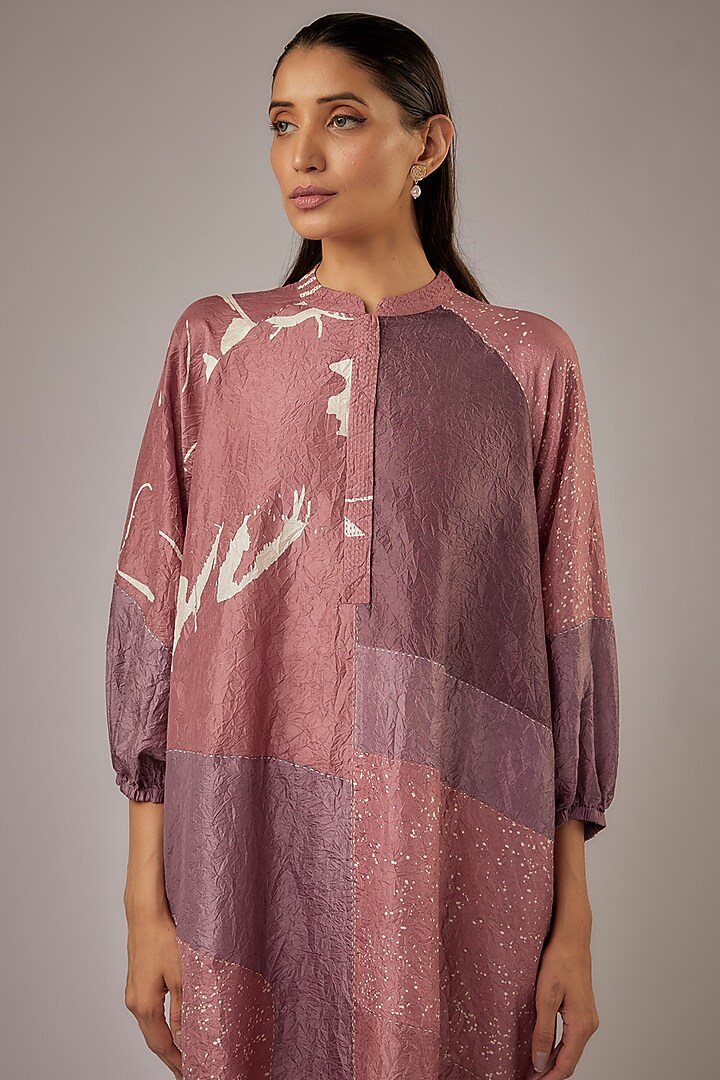 Pink & Sand Mulberry Silk Block Printed Knee-Length Cocktail Dress by Divyam Mehta at Pernia's Pop Up Shop