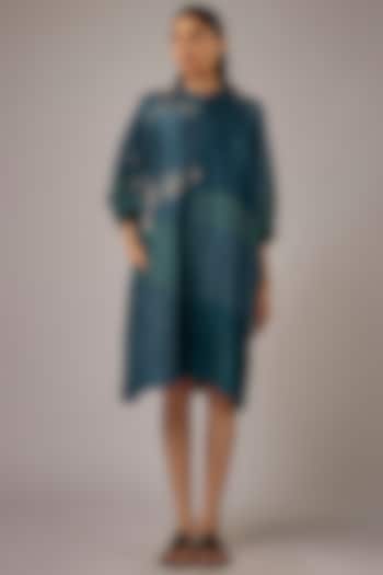 Petrol Blue Mulberry Silk Block Printed Knee-Length Dress by Divyam Mehta