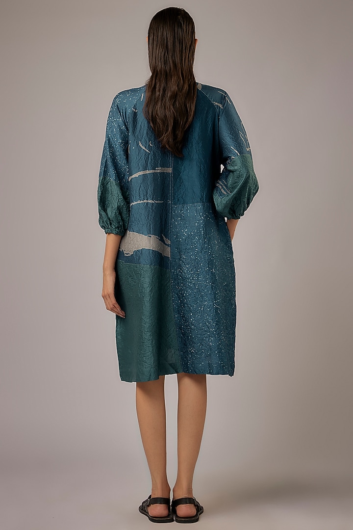 Petrol Blue Mulberry Silk Block Printed Knee-Length Cocktail Dress by Divyam Mehta at Pernia's Pop Up Shop