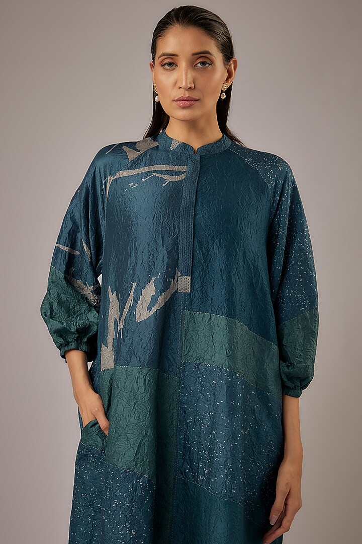 Petrol Blue Mulberry Silk Block Printed Knee-Length Cocktail Dress by Divyam Mehta at Pernia's Pop Up Shop
