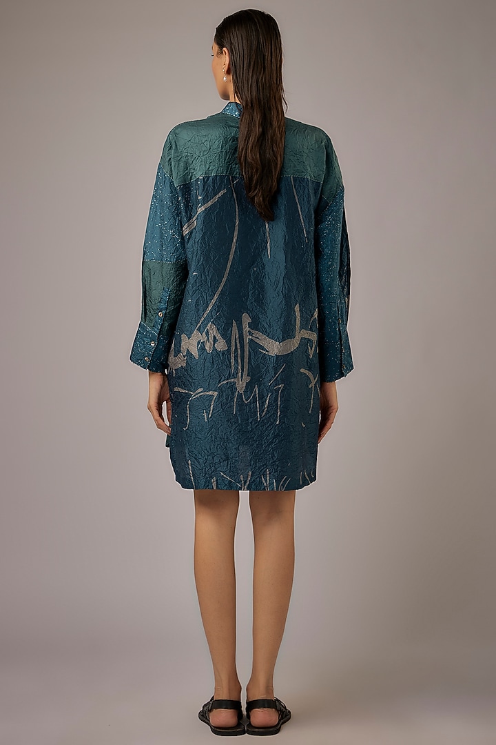 Petrol Blue Mulberry Silk Block Printed Shirt by Divyam Mehta at Pernia's Pop Up Shop
