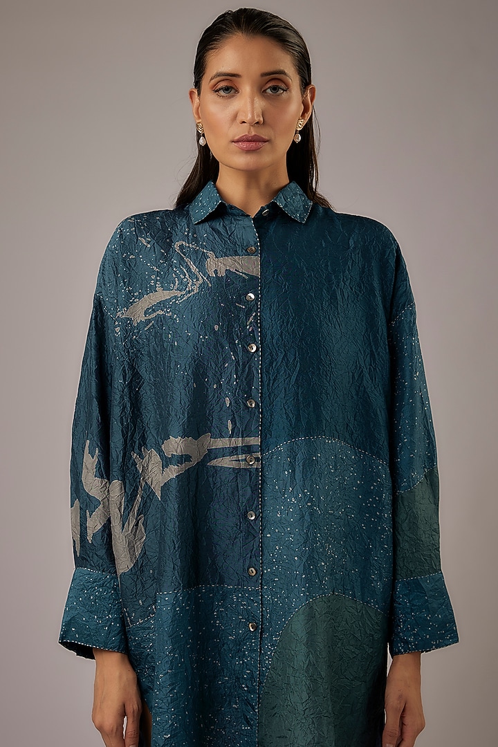 Petrol Blue Mulberry Silk Block Printed Shirt by Divyam Mehta at Pernia's Pop Up Shop