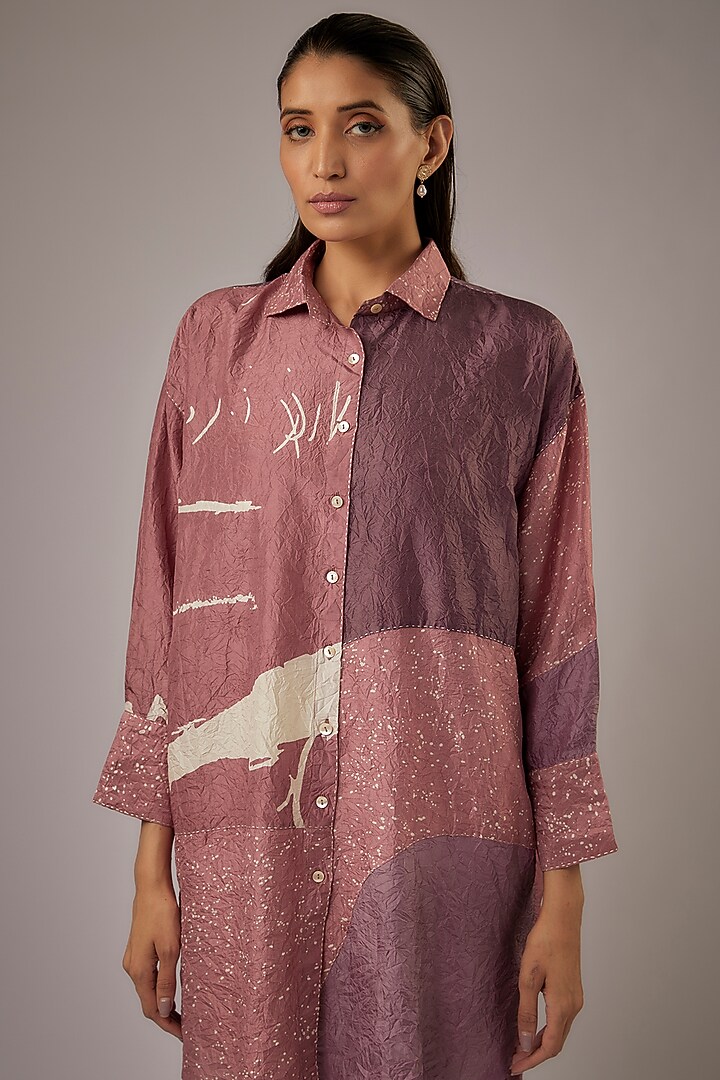 Pink & Sand Mulberry Silk Block Printed Shirt by Divyam Mehta at Pernia's Pop Up Shop