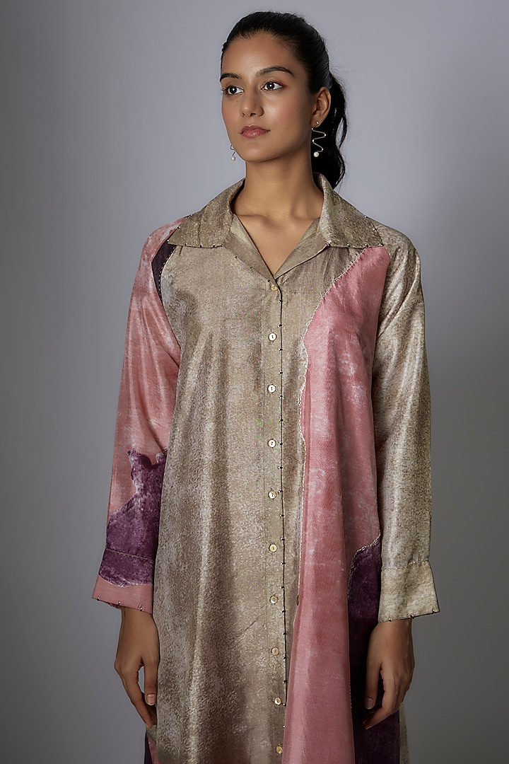 Pink & Sand Mulberry Silk Printed Tunic by Divyam Mehta at Pernia's Pop Up Shop