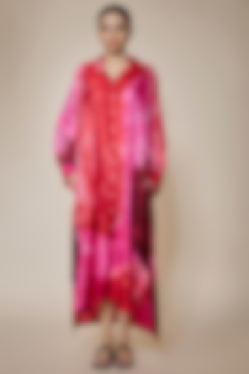 Red & Pink Mulberry Silk Tunic by Divyam Mehta