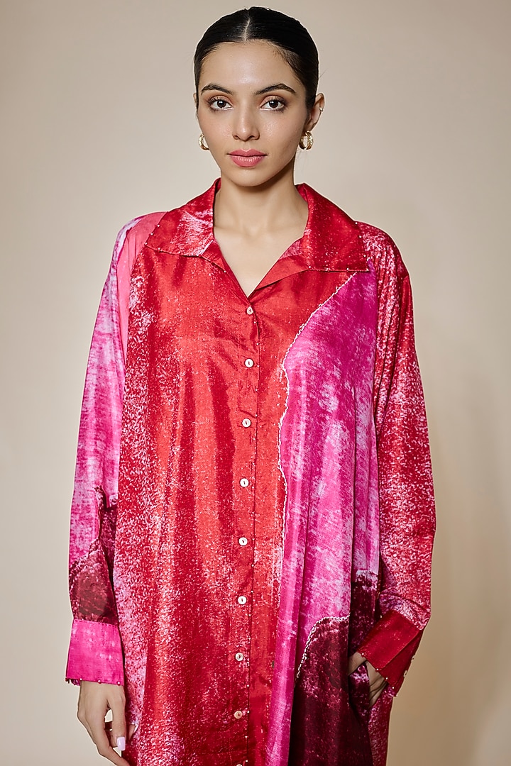 Red & Pink Mulberry Silk Tunic by Divyam Mehta at Pernia's Pop Up Shop