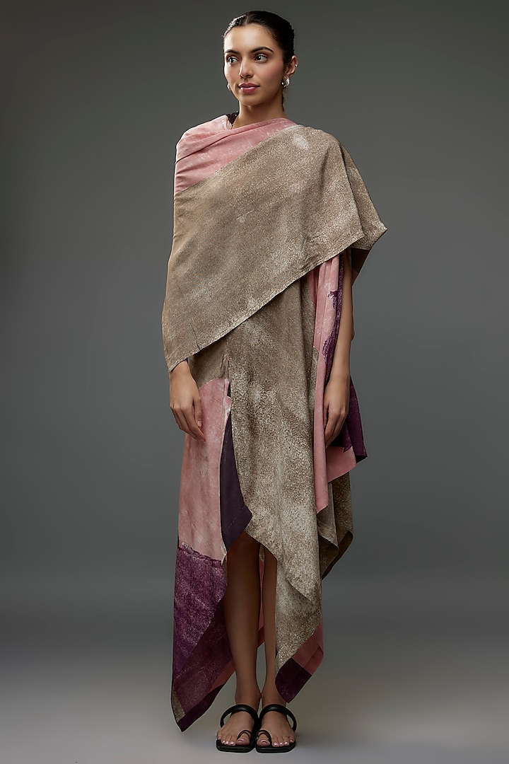 Pink & Sand Silk Crepe Draped Dress by Divyam Mehta