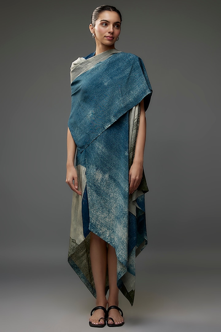 Petrol Blue Silk Crepe Draped Dress by Divyam Mehta